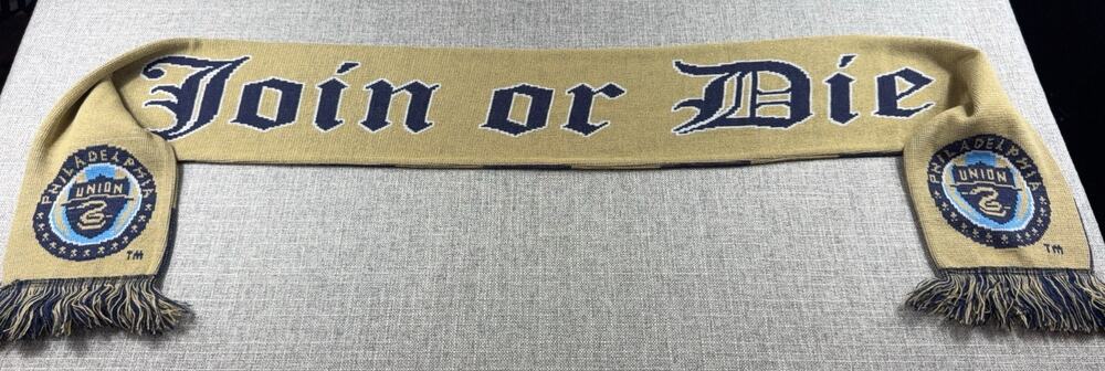 Philadelphia Union Join or Die Scarf Ruffneck MLS Soccer Navy Gold Fringe